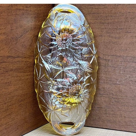 Vtg Retro Sunflower Floral Amber Lustre Glass Candy Dish Relish Condiment - Picture 3 of 10